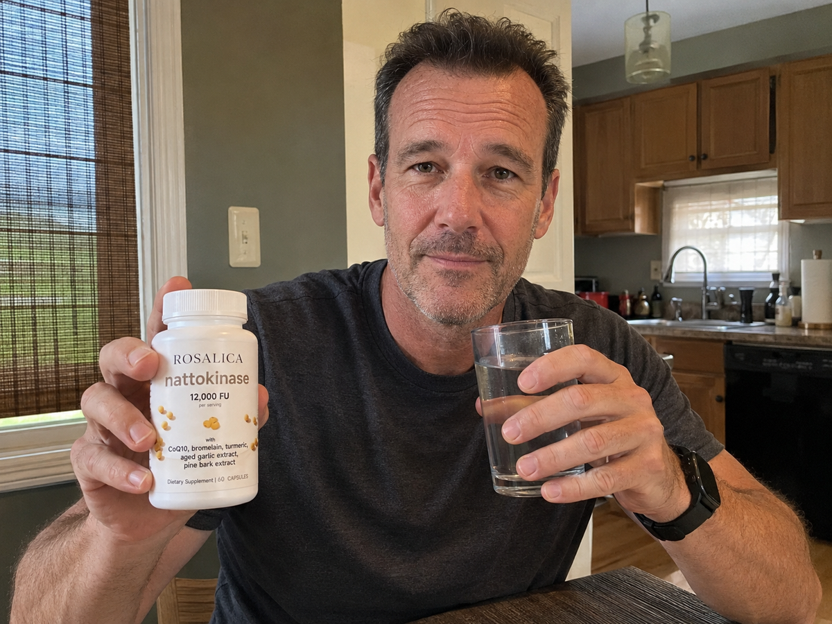 Anthony using Rosalica Nattokinase during his morning routine